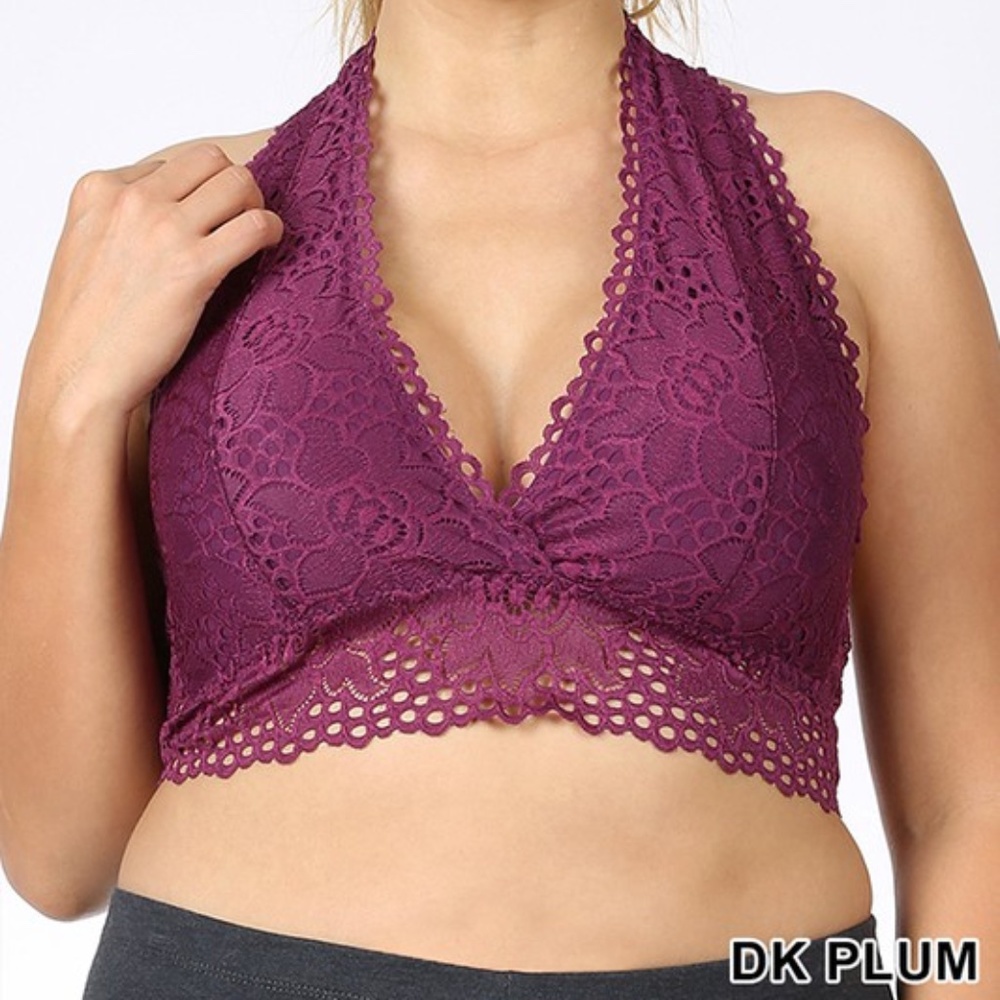 PLUS DK PLUM LACE HALTER STRETCH BRALETTE Sz. 2X purple new lightweight NEW